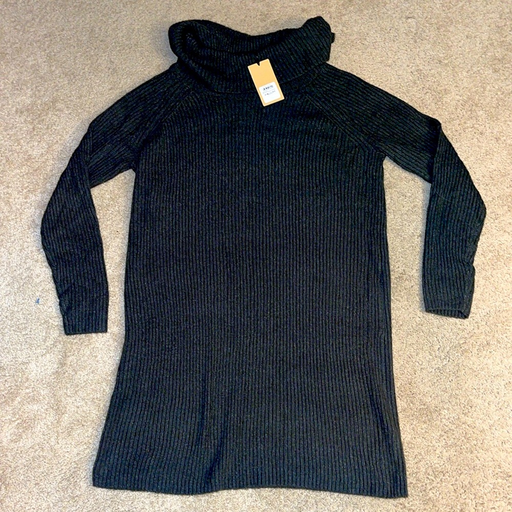NWT Halogen dark gray ribbed super stretchy cowl neck sweater dress size large‎